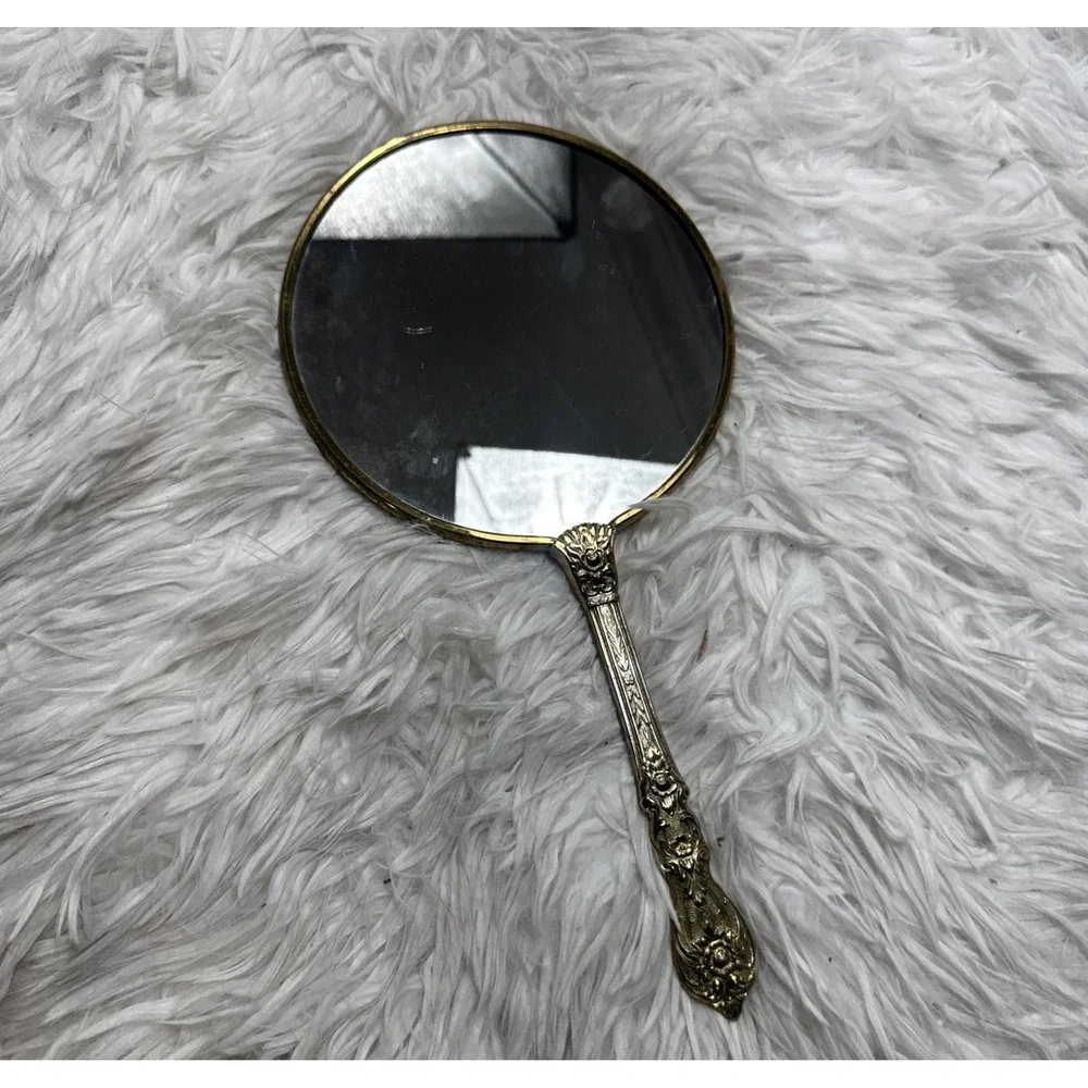 Antique Art Nouveau Handheld Vanity Mirror Floral Brass Motif Design Mid Century